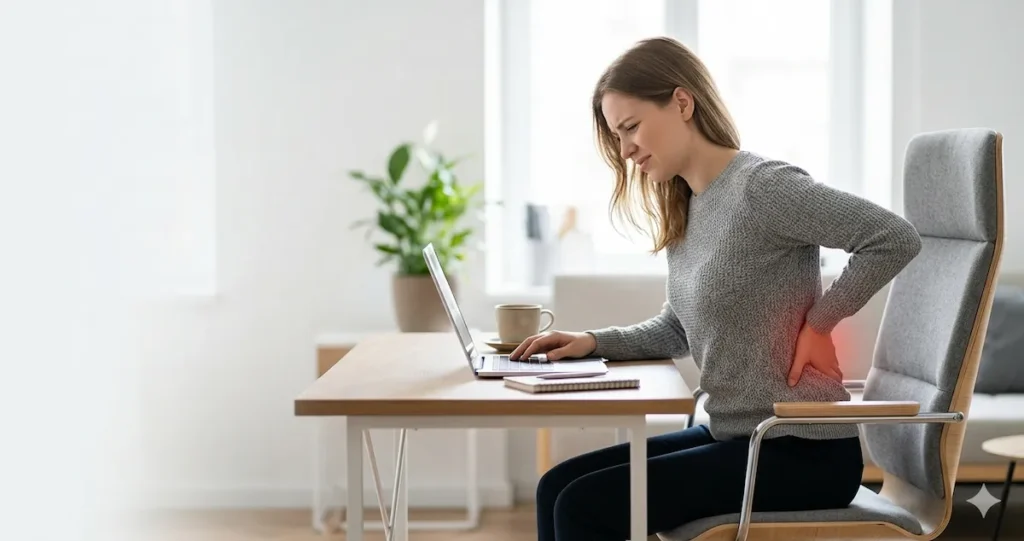 person experiencing lower back pain while sitting at desk with poor posture