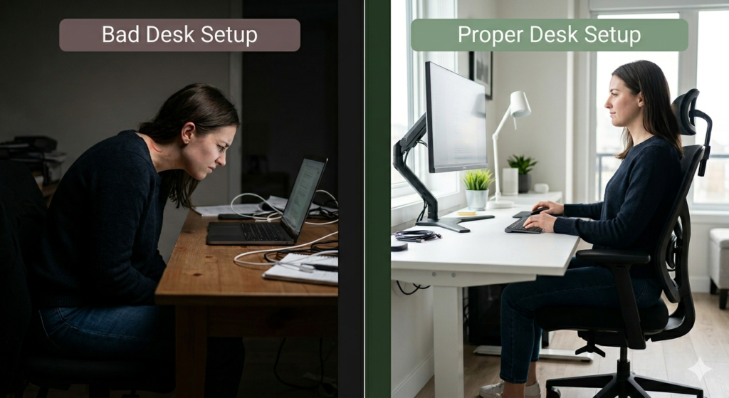 Bad vs proper desk setup for neck pain showing posture difference and ergonomic alignment