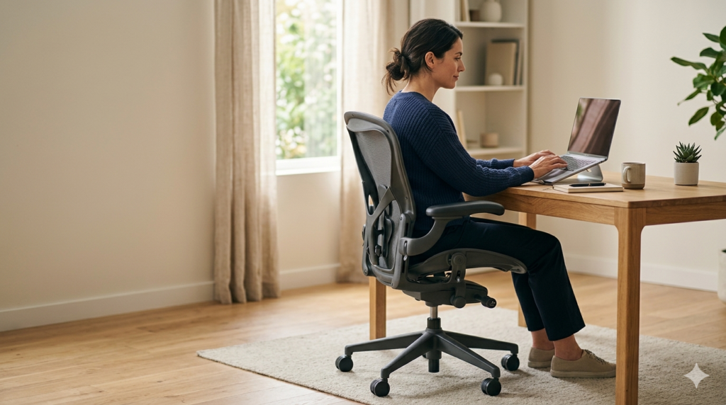 person sitting in ergonomic office chair with proper posture at desk in home office