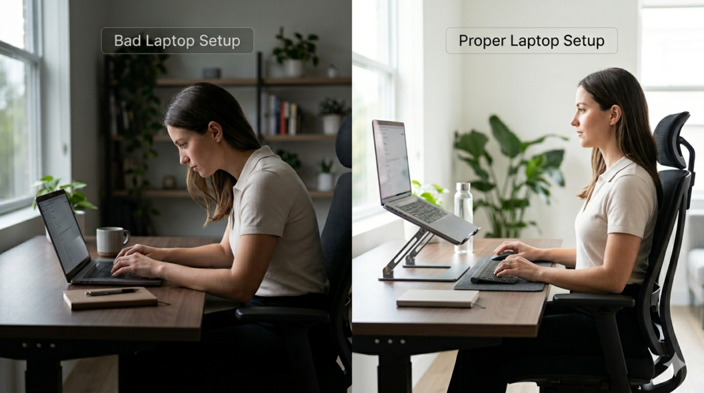 Bad vs proper laptop setup for neck pain showing posture difference and ergonomic workstation with raised screen and external keyboard