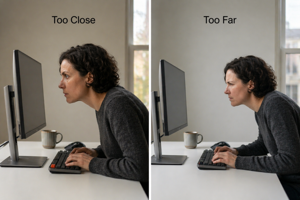 Comparison of monitor distance showing too close vs too far screen positioning and its effect on posture and neck alignment