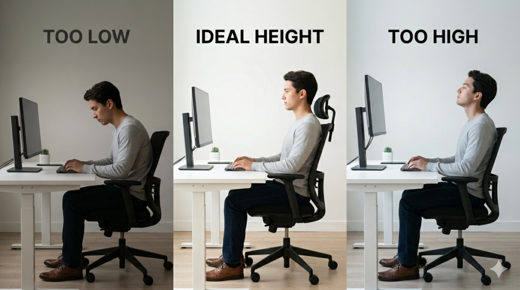 Monitor height for neck pain comparison showing too low ideal and too high screen positions with correct ergonomic posture