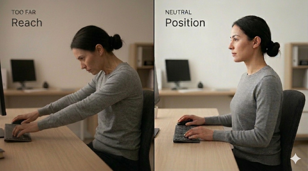 Monitor placed too far vs neutral position showing correct desk setup for reducing neck and shoulder strain