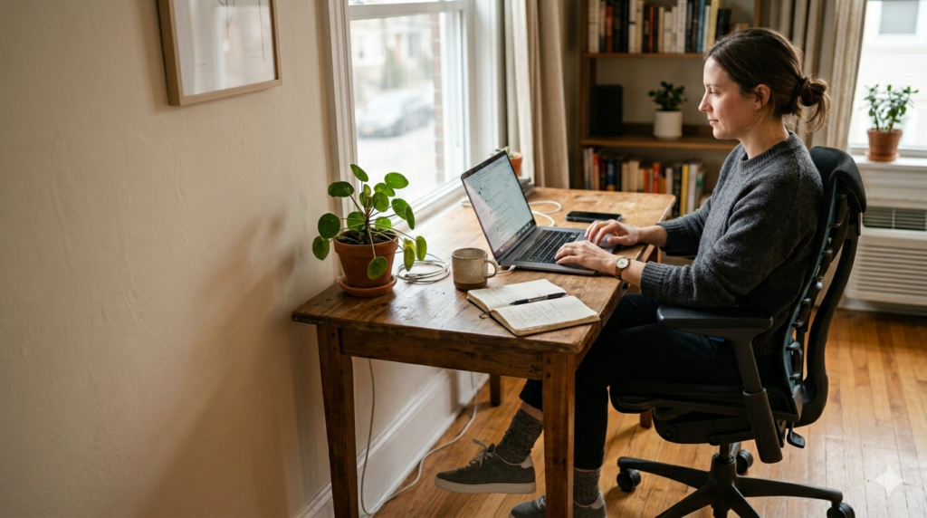 person sitting in ergonomic office chair with natural relaxed posture at desk in home office