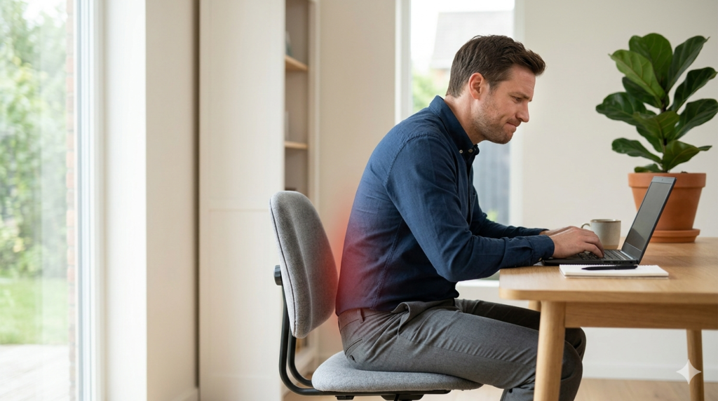 person sitting in office chair with poor posture lower back discomfort