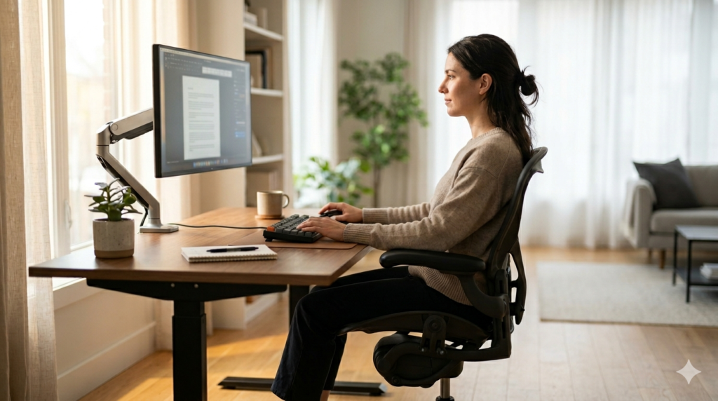 Proper sitting posture to avoid neck pain with monitor at eye level and ergonomic chair support