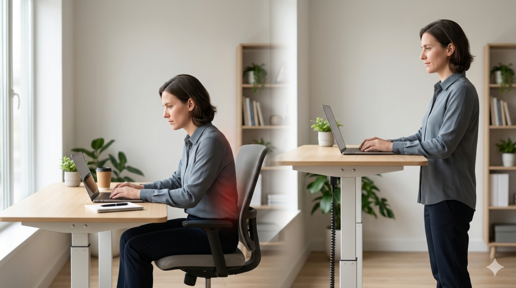 standing desk vs sitting lower back pain posture comparison