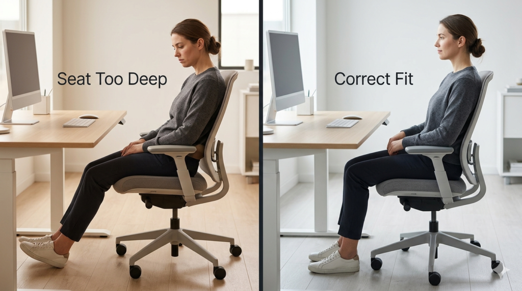 Comparison showing a chair seat that is too deep versus a properly fitted ergonomic chair for lower back support