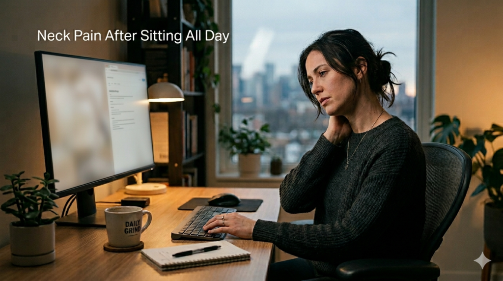 Woman experiencing neck discomfort after sitting at a desk all day in a modern ergonomic workspace