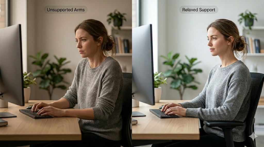 Comparison showing unsupported arms versus relaxed arm support while typing at a desk to demonstrate how armrests affect neck and shoulder tension.