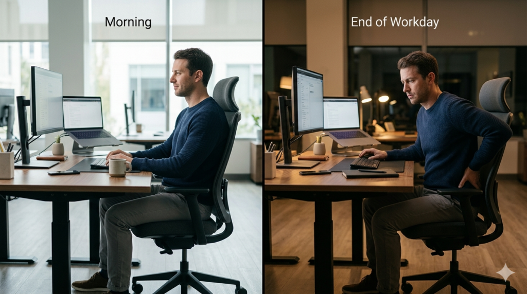 Office worker sitting comfortably in the morning and experiencing lower back fatigue by the end of the workday after prolonged sitting.