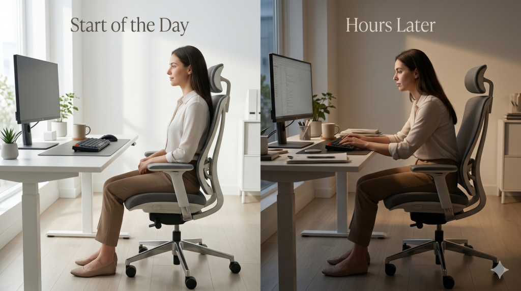 Office worker gradually sliding forward in an ergonomic office chair during a long workday compared to a properly supported sitting position earlier in the day.