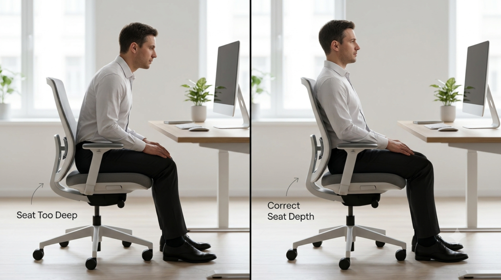 Side-by-side comparison showing an office chair with a seat that is too deep versus the same chair adjusted to the correct seat depth for proper ergonomic support.