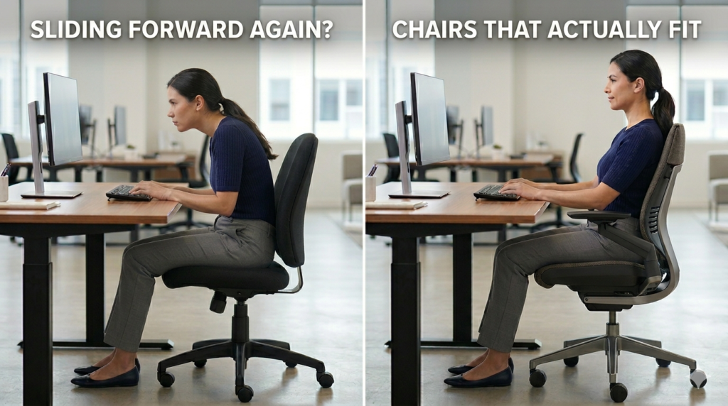 Split-screen comparison showing a worker sliding forward in an office chair on the left and sitting fully supported in a properly fitting ergonomic chair on the right.