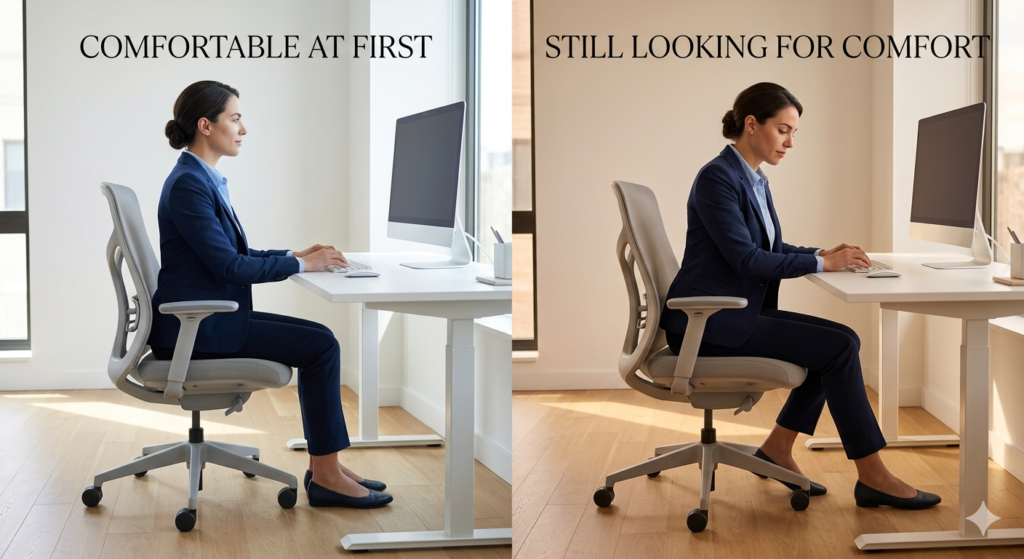 Split-screen comparison showing an office worker sitting comfortably at first and later changing position while searching for better comfort in an office chair.