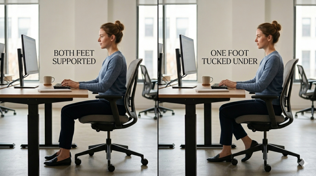 Split-screen comparison showing an office worker sitting with both feet supported on the floor versus sitting with one foot tucked under the chair.