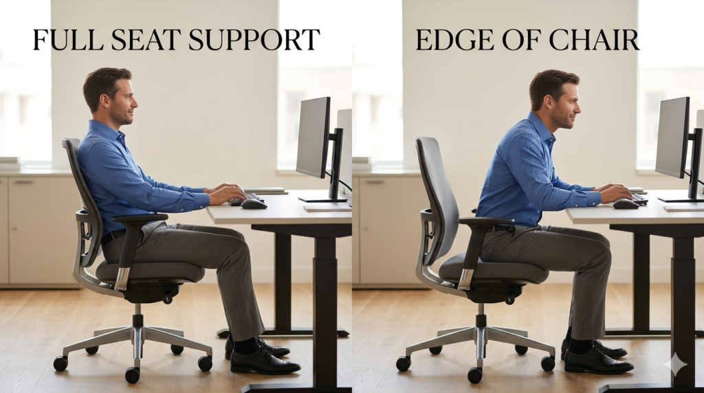 Split-screen comparison showing an office worker using full chair support on one side and sitting on the front edge of an ergonomic office chair on the other.