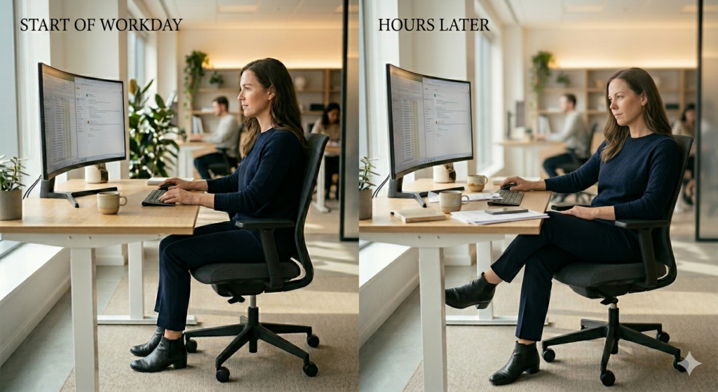 Office worker sitting at a desk at the start of the workday with both feet on the floor compared to crossing one leg later in the day while working.