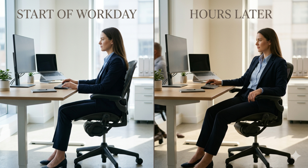 Split-screen comparison showing an office worker sitting evenly at the start of the workday and leaning more toward one side of an ergonomic office chair several hours later.