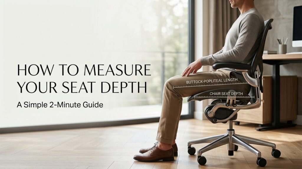 Person measuring buttock-popliteal length and office chair seat depth