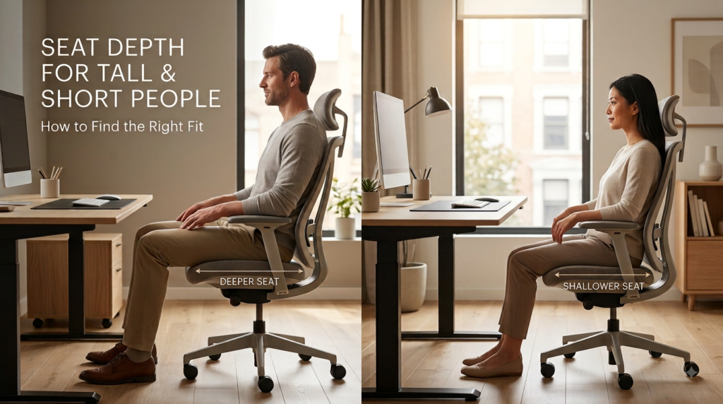 Office chair seat depth comparison for taller and shorter users